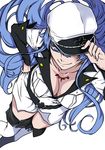  akame_ga_kill! blue_eyes blue_hair boots breasts cleavage collarbone esdeath from_above hand_on_hip hat highres large_breasts long_hair looking_at_viewer simple_background smile solo tattoo thigh_boots thighhighs white_background white_footwear white_legwear zettai_ryouiki 