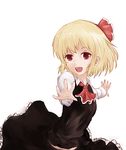  ascot bad_id bad_pixiv_id black_dress blonde_hair dress dyolf hair_ribbon long_sleeves looking_at_viewer open_mouth outstretched_arms red_eyes ribbon rumia shirt smile solo touhou 
