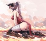  aliza_(granblue_fantasy) bee_(deadflow) breasts draph from_side granblue_fantasy hair_pulled_back horns large_breasts long_hair panties pointy_ears ponytail red_eyes silver_hair sitting solo thighhighs underwear wariza 