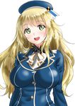  atago_(kantai_collection) beret blonde_hair blush breasts green_eyes hat impossible_clothes kantai_collection kasugano_tobari large_breasts long_hair long_sleeves looking_at_viewer military military_uniform open_mouth simple_background smile solo uniform upper_body white_background 