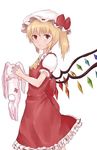 ascot bad_id bad_pixiv_id blonde_hair bow dress dyolf flandre_scarlet hat hat_bow looking_at_viewer mob_cap puffy_short_sleeves puffy_sleeves red_dress red_eyes sash short_sleeves side_ponytail solo stuffed_animal stuffed_bunny stuffed_toy touhou wings 