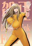  1girl between_breasts bodysuit bouncing_breasts breasts brown_eyes brown_hair bruce_lee erect_nipples fusano_tomoka hips huge_breasts impossible_clothes impossible_shirt legs milk_junkies milk_junkies_2 nunchaku shirt skin_tight solo tatsunami_youtoku thighs weapon wide_hips 