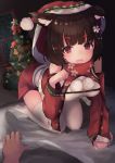  1girl all_fours animal_ears azur_lane breasts brown_hair christmas christmas_tree detached_sleeves dress eyebrows_visible_through_hair fang floral_print hat highres looking_at_viewer medium_breasts momiji_manjuu_(usagiblackmore) night open_mouth paw_pose pom_pom_(clothes) pov red_dress red_eyes santa_hat short_dress short_hair snowing solo_focus thighhighs thighs white_legwear window yamashiro_(azur_lane) zettai_ryouiki 