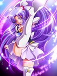  absurdres bad_id bad_pixiv_id boots brooch cure_fortune earrings hair_ornament hair_ribbon happinesscharge_precure! heart heart_hair_ornament highres hikawa_iona jewelry kicking long_hair magical_girl open_mouth precure purple purple_background purple_eyes purple_hair purple_skirt ribbon serious sharumon shiny shiny_skin skirt solo sparkle star star_earrings thigh_boots thighhighs white_footwear white_legwear wide_ponytail 