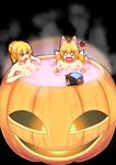  animal_ears asphyxiation bathing blonde_hair blush breasts brown_hair cat_ears chen commentary_request drowning eyebrows eyebrows_visible_through_hair fox_ears fox_tail full-face_blush hair_bun hair_up halloween jack-o'-lantern kagelantern large_breasts looking_at_another multiple_girls multiple_tails open_mouth partially_submerged pink_water purple_eyes ripples scared shiny shiny_skin short_hair solid_circle_eyes steam sweatdrop tail touhou towel towel_on_head yakumo_ran yakumo_yukari 