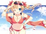  bikini blonde_hair blue_eyes blush bracelet breasts cleavage cloud day earrings eyewear_on_head flower granblue_fantasy hair_flower hair_ornament hibiscus jewelry large_breasts long_hair navel one_eye_closed red_bikini shawl side-tie_bikini sky smile solo sumisaki_yuzuna sunglasses swimsuit twintails zeta_(granblue_fantasy) 