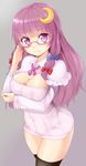  alternate_costume bespectacled black_legwear blush breasts capelet cleavage crescent crescent_hair_ornament glasses hair_ornament hair_ribbon highres large_breasts long_hair long_sleeves looking_at_viewer naked_sweater patchouli_knowledge purple_eyes purple_hair red-framed_eyewear ribbed_sweater ribbon shiron_(e1na1e2lu2ne3ru3) solo sweater thighhighs touhou tress_ribbon very_long_hair zettai_ryouiki 
