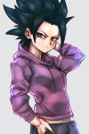  1girl arm_up bangs black_hair brown_eyes caulifla dragon_ball dragon_ball_super eyelashes fingernails frown grey_background hand_in_pocket hood hood_down hooded_jacket jacket long_sleeves looking_away pants purple_sweater short_hair simple_background solo spiked_hair st62svnexilf2p9 standing sweater upper_body 