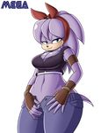  clothing female fingerless_gloves fur gloves green_eyes looking_at_viewer megasweet perci_the_bandicoot purple_fur solo sonic_(series) sonic_boom undressing 