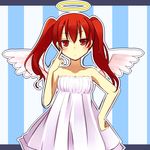  :o angel angel_wings bangs dress finger_to_cheek halo hand_on_hip kyoubashi_amane long_hair pxchop red_eyes red_hair school_girl_strikers solo strapless strapless_dress twintails white_dress wings 