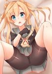  absurdres abukuma_(kantai_collection) bangs bed_sheet bike_shorts black_gloves blonde_hair blue_eyes blush crotch d: double_bun gloves hair_between_eyes highres kantai_collection kapatarou long_hair looking_at_viewer lying miniskirt on_back on_bed open_mouth pleated_skirt remodel_(kantai_collection) sailor_collar school_uniform serafuku short_sleeves shorts shorts_under_skirt skirt solo spread_legs twintails undressing untied upskirt 