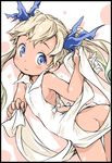  apron apron_lift arched_back ass bangs bare_shoulders black_border blonde_hair blue_eyes blush border dark_skin from_behind granblue_fantasy hair_ornament ham_(points) io_euclase leaning_forward long_hair looking_away looking_back looking_to_the_side naked_apron smile solo tan twintails twisted_torso 