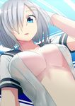  32._(32_sats) blue_eyes breasts dated gloves hair_ornament hair_over_one_eye hairclip hamakaze_(kantai_collection) highres kantai_collection lips looking_at_viewer medium_breasts navel no_bra open_clothes open_mouth open_shirt shirt short_hair silver_hair solo white_gloves 