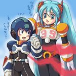  1girl blue_eyes cosplay crossover facial_mark green_eyes green_hair hatsune_miku headset long_hair lowres nana_(rockman) nana_(rockman)_(cosplay) niconico niconico_rpg rockman rockman_(character) rockman_x rockman_x_command_mission twintails vocaloid x_(rockman) x_(rockman)_(cosplay) 