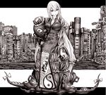  breasts city cleavage closed_umbrella commentary cthulhu eyes gap greyscale hat highres large_breasts long_hair monochrome nobita planted_umbrella solo tentacles touhou umbrella yakumo_yukari 