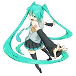  detached_sleeves green_eyes green_hair green_nails hatsune_miku jaco long_hair nail_polish necktie skirt solo thighhighs twintails very_long_hair vocaloid 