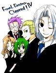  blonde_hair blue_eyes cain_highwind cecil_harvey edward_geraldine eyes_closed female final_fantasy final_fantasy_iv formal green_eyes green_hair happy long_hair male monochromism open_mouth ponytail purple_hair rosa_farrell rydia short_hair white_hair wink 