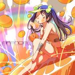  arancia barefoot black_hair feet food fruit hands hat leg_hug legs long_hair midriff multicolored_hair orange orange_eyes orange_skirt original sitting skirt solo twintails utu 