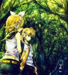  2girls absurdres blonde_hair forest hatsune_miku headphones highres kagamine_len kagamine_rin long_hair multiple_girls nature onineko siblings twins very_long_hair vocaloid 