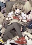  blue_eyes blush brown_hair copyright_request feet foreshortening kouta_(cocouta) long_hair lying pov_feet school_uniform shoes single_shoe smile sneakers solo sweater thighhighs 