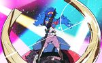  1girl absurdres armband bandages belt blue_hair blue_jacket crossed_arms goggles goggles_on_head gurren-lagann highres jacket nia_teppelin shorts simon tengen_toppa_gurren_lagann vector_trace 