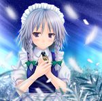  blurry blush braid depth_of_field feathers hairband hands_together izayoi_sakuya kisaragi_miyu light_smile maid own_hands_together pocket_watch purple_eyes short_hair silver_hair solo touhou twin_braids upper_body watch 