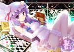  bad_id bad_pixiv_id board_game book card chess frills hat long_hair lying lying_card patchouli_knowledge purple_eyes purple_hair solo teramoto_kaoru touhou 