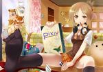  &lt;o&gt;_&lt;o&gt; animal art_brush balancing black_legwear blush brown_eyes brown_hair calendar_(object) couch curtains eraser feet feet_on_table hair_ornament hairclip hamster headphones headphones_around_neck jewelry kneehighs mouth_hold oekaki_musume original paintbrush pixiv plaid plaid_skirt porurin pov_feet ring short_hair sitting sketchbook skirt socks soles solo sweater_vest uneven_eyes 