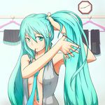  adjusting_hair aqua_nails armpits blue_hair breasts cleavage dressing green_eyes green_hair hands hatsune_miku jaco large_breasts long_hair mouth_hold nail_polish necktie open_clothes open_shirt shirt sleeveless solo twintails very_long_hair vocaloid 