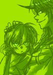  :&lt; blush green green_background horn hoshiguma_yuugi hug mizuhashi_parsee monochrome multiple_girls rex_k simple_background smile touhou 