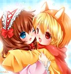  1girl animal_ears blonde_hair blue_eyes blush bow brown_hair hachimitsu_(127032) hug orange_hair red_eyes sakutarou scarf short_hair smile umineko_no_naku_koro_ni ushiromiya_maria 
