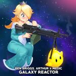  1girl bare_shoulders blonde_hair blue_dress blue_eyes blush commentary crown dress earrings english_commentary english_text galaxy_background gun hair_over_one_eye highres holding holding_gun holding_weapon jewelry light_machine_gun long_hair long_sleeves luma_(mario) m249 machine_gun mario_(series) mathias_leth rosalina smoke smoking_gun star_(sky) star_(symbol) star_earrings star_print super_mario_galaxy weapon 