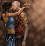  1girl aang avatar:_the_last_airbender avatar_(series) bad_source bald black_hair closed_eyes couple dark_skin directional_arrow facial_mark hetero hug katara kiss long_hair midriff nickelodeon nylak realistic tattoo 