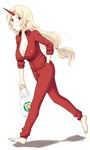  alternate_costume barefoot blonde_hair breasts cleavage contemporary covered_nipples feet full_body hands_in_pockets hiroya_juuren horn hoshiguma_yuugi large_breasts oni pun red_eyes simple_background sleeves_pushed_up solo sweater touhou track_suit unzipped 