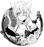  animal_ears bug butterfly cat_ears copyright_request eyepatch flower greyscale insect monochrome raichi_(quatsch) solo 