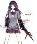  copyright_request gun monochrome plaid plaid_skirt purple raichi_(quatsch) school_uniform skirt smile solo weapon 