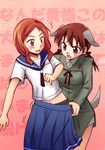  animal_ears bad_id bad_pixiv_id blush brown_eyes brown_hair dog_ears dog_tail gertrud_barkhorn hair_ribbon kiyosumi_school_uniform multiple_girls niina_ryou open_mouth pantyhose red_hair ribbon saki school_uniform serafuku short_hair skirt strike_witches surprised tail takei_hisa twintails undressing uniform world_witches_series 