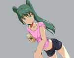  bad_id bad_pixiv_id casual coffee denim denim_shorts green_eyes green_hair hatsune_miku long_hair midriff shiika_sadamasa shorts solo starbucks twintails vocaloid 