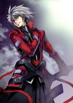 bad_id bad_pixiv_id black_pants black_sclera blazblue glowing glowing_eye green_eyes jacket left-handed male_focus mismatched_sclera pants ragna_the_bloodedge smile solo sword tosh_(imonade_ryouchou) weapon white_hair 