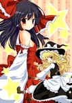  ayase_miko black_hair blonde_hair bow braid broom detached_sleeves hair_bow hakurei_reimu hat kirisame_marisa long_hair multiple_girls red_eyes short_hair touhou witch_hat yellow_eyes 