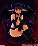  bad_id bad_pixiv_id bat_wings boots demon_girl elbow_gloves genshi gloves heterochromia horns original pointy_ears purple_hair sitting solo tail wings 