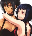  428 alphard armpits bangs black_hair blue_hair blush breasts canaan collarbone dark_skin grey_eyes hug liang_qi looking_at_another medium_breasts multiple_girls open_mouth ponytail red_eyes rex_k serious short_hair simple_background smile white_background yuri 