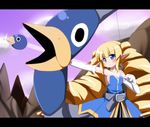  archer_(disgaea) arrow bad_id bad_pixiv_id bare_shoulders belt blonde_hair blue_eyes blush bow_(weapon) disgaea drill_hair elbow_gloves gloves highres long_hair oborotsuki_kakeru prinny solo weapon 