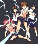  black_hair brown_hair electricity head_wreath kumosuke loose_socks misaka_mikoto multiple_girls sakugawa_school_uniform saten_ruiko school_uniform serafuku shirai_kuroko short_hair skirt socks sweater_vest thigh_strap to_aru_kagaku_no_railgun to_aru_majutsu_no_index twintails uiharu_kazari 