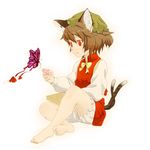  animal_ears bad_id bad_pixiv_id barefoot brown_hair bug butterfly cat_ears cat_tail chen earrings feet hat hikarinoko insect jewelry multiple_tails red_eyes short_hair solo tail touhou 