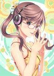  blue_eyes brown_hair cable camisole glasses hair_ornament hairclip hands headphones koutaro long_hair nail_polish original pink_nails smile solo 