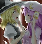  backlighting blonde_hair chin_grab eye_contact hat kirisame_marisa long_hair looking_at_another miki_purasu multiple_girls naughty_face patchouli_knowledge purple_eyes purple_hair short_hair spell_card touhou upper_body witch_hat you_gonna_get_raped yuri 