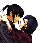  428 alphard black_eyes black_hair blue_hair bow canaan coat fingerless_gloves gloves hair_bow liang_qi long_sleeves looking_back multiple_girls ponytail profile red_eyes rex_k short_hair simple_background smile touching yuri 