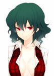  bad_id bad_pixiv_id breasts breasts_apart cleavage green_hair hizuki_akira kazami_yuuka large_breasts light_smile looking_at_viewer no_bra open_clothes open_shirt plaid plaid_vest red_eyes shirt simple_background solo touhou vest white_background 