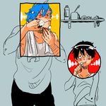  alternate_costume bathroom blush brushing_teeth contemporary facial_hair kamina katou_(hyaena) male_focus multiple_boys razor shaving simon tengen_toppa_gurren_lagann tired toothbrush 